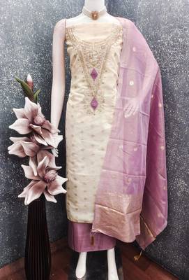 off white weaved shimmer butti unstitched dress material  4