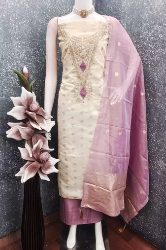 off white weaved shimmer butti unstitched dress material 