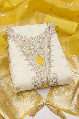 off white weaved shimmer butti unstitched dress material 