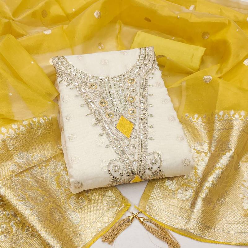 off white weaved shimmer butti unstitched dress material 