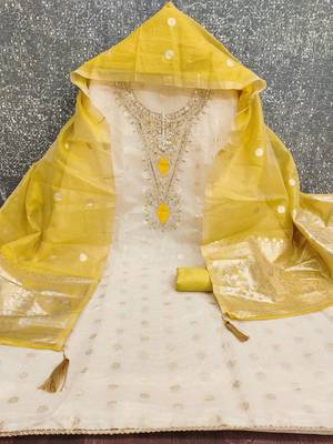 off white weaved shimmer butti unstitched dress material  2
