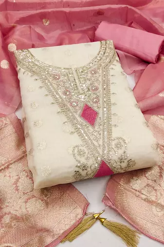 off white weaved shimmer butti unstitched dress material 