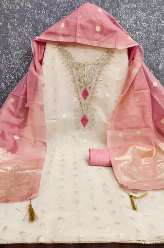 off white weaved shimmer butti unstitched dress material 