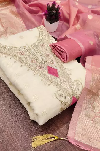 off white weaved shimmer butti unstitched dress material 
