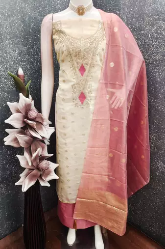 off white weaved shimmer butti unstitched dress material 