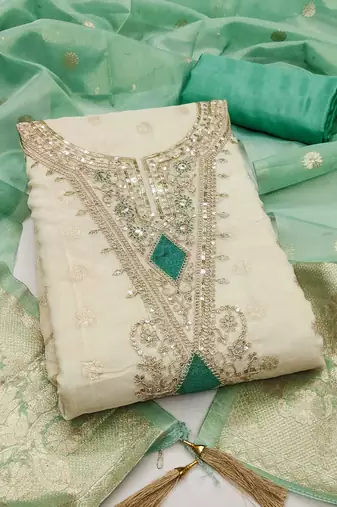 off white weaved shimmer butti unstitched dress material 