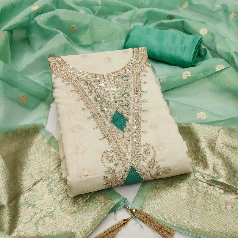 off white weaved shimmer butti unstitched dress material 
