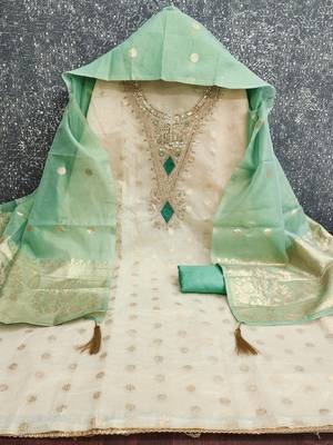 off white weaved shimmer butti unstitched dress material  2
