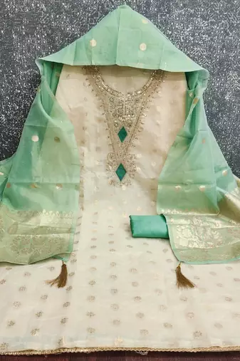 off white weaved shimmer butti unstitched dress material 