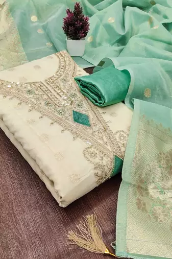 off white weaved shimmer butti unstitched dress material 