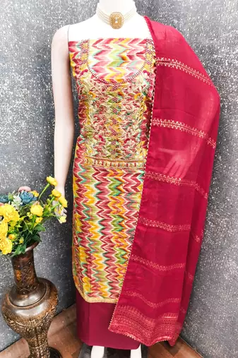 multicolor printed roman unstitched dress material 