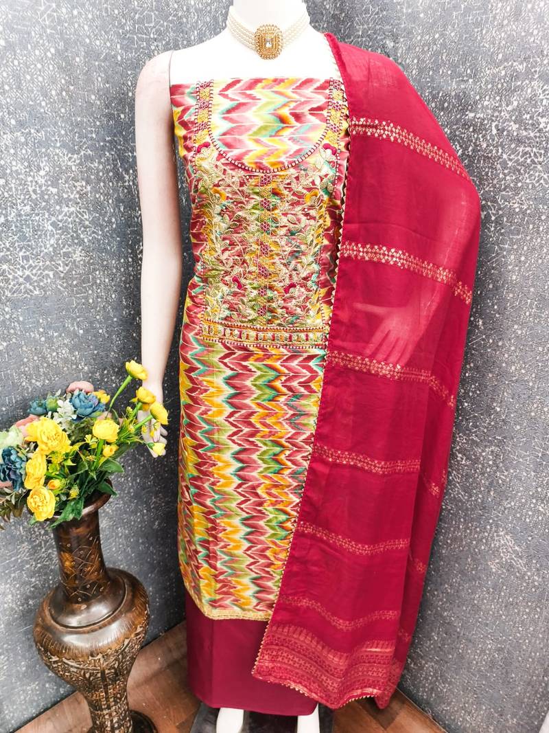 multicolor printed roman unstitched dress material 