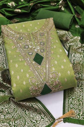 green weaved shimmer butti unstitched dress material 