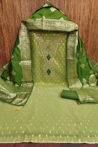 green weaved shimmer butti unstitched dress material 
