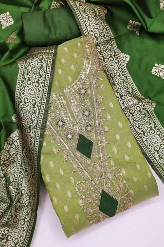 green weaved shimmer butti unstitched dress material 