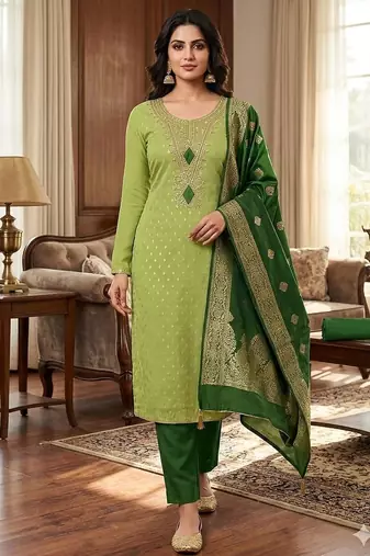 green weaved shimmer butti unstitched dress material 