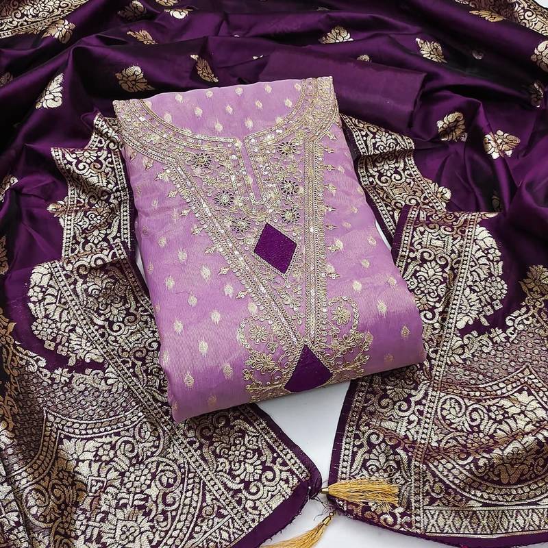 lavender weaved shimmer butti unstitched dress material 