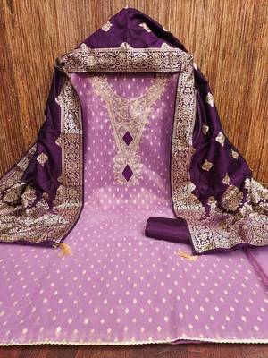 lavender weaved shimmer butti unstitched dress material  2