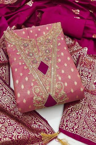 pink weaved shimmer butti unstitched dress material 