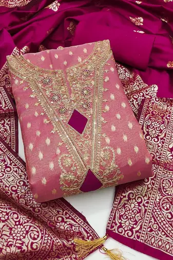 pink weaved shimmer butti unstitched dress material 