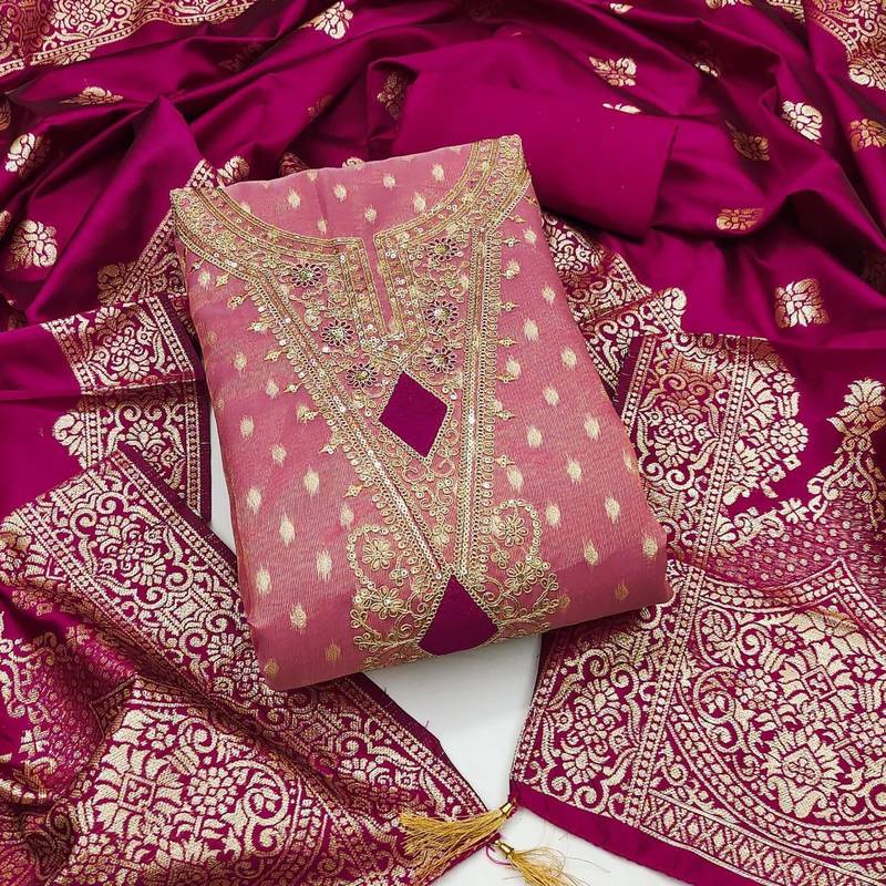 pink weaved shimmer butti unstitched dress material 