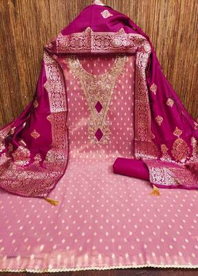 pink weaved shimmer butti unstitched dress material  2
