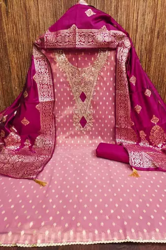 pink weaved shimmer butti unstitched dress material 