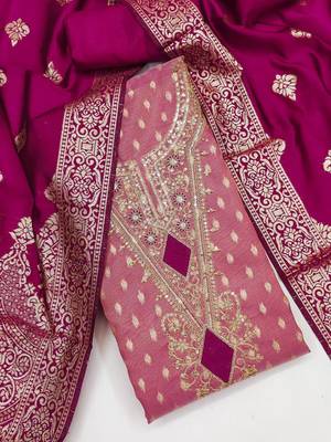 pink weaved shimmer butti unstitched dress material  3