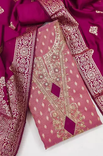 pink weaved shimmer butti unstitched dress material 