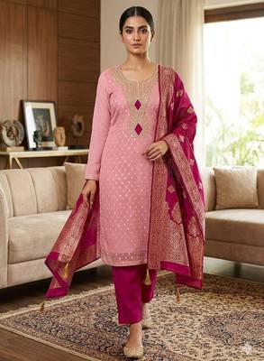 pink weaved shimmer butti unstitched dress material  4