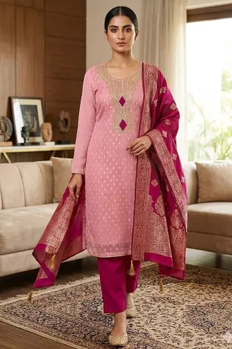 pink weaved shimmer butti unstitched dress material 