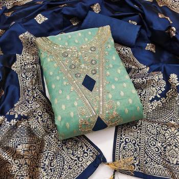 sea green weaved shimmer butti unstitched dress material  1