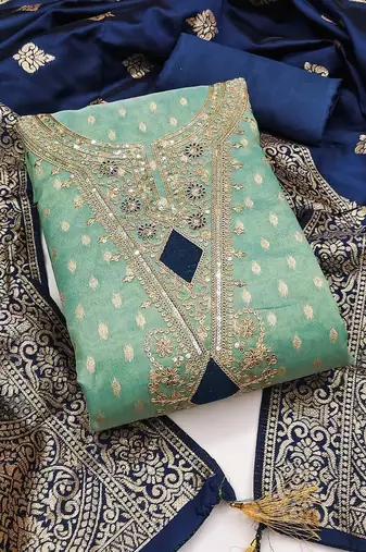 sea green weaved shimmer butti unstitched dress material 