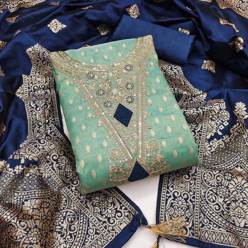 sea green weaved shimmer butti unstitched dress material 