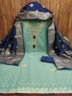 sea green weaved shimmer butti unstitched dress material  2
