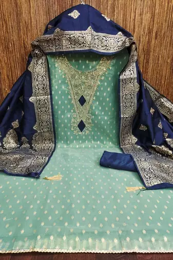 sea green weaved shimmer butti unstitched dress material 