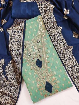 sea green weaved shimmer butti unstitched dress material  3