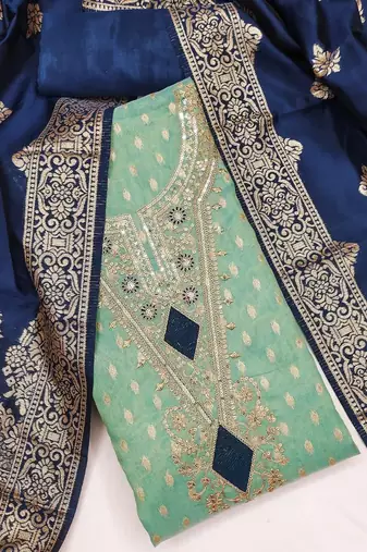 sea green weaved shimmer butti unstitched dress material 