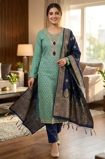 sea green weaved shimmer butti unstitched dress material 