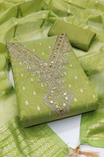 green weaved shimmer butti unstitched dress material 