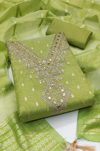 green weaved shimmer butti unstitched dress material 