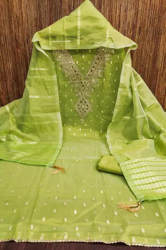 green weaved shimmer butti unstitched dress material 