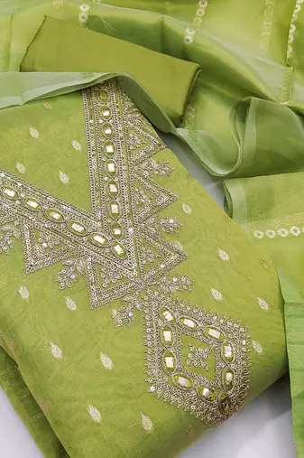 green weaved shimmer butti unstitched dress material 