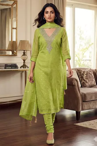 green weaved shimmer butti unstitched dress material 