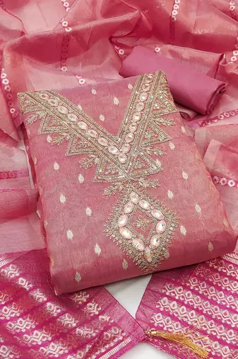 pink weaved shimmer butti unstitched dress material 