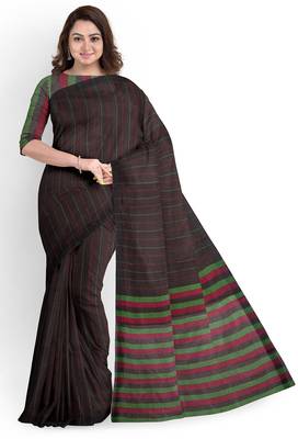 Dark brown striped cotton blend saree with green border 1