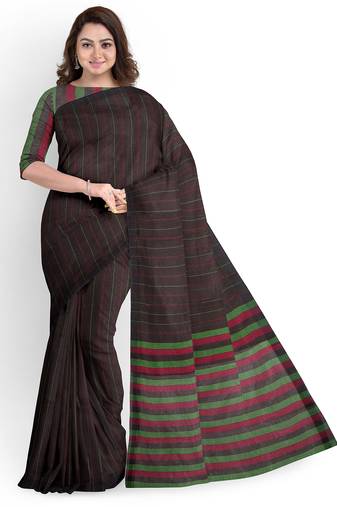 Dark brown striped cotton blend saree with green border