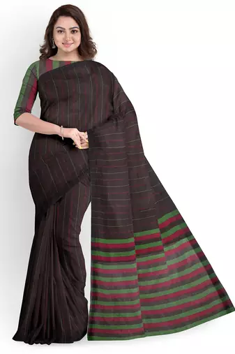 Dark brown striped cotton blend saree with green border