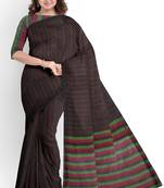 Dark brown striped cotton blend saree with green border