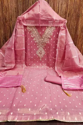 pink weaved shimmer butti unstitched dress material 